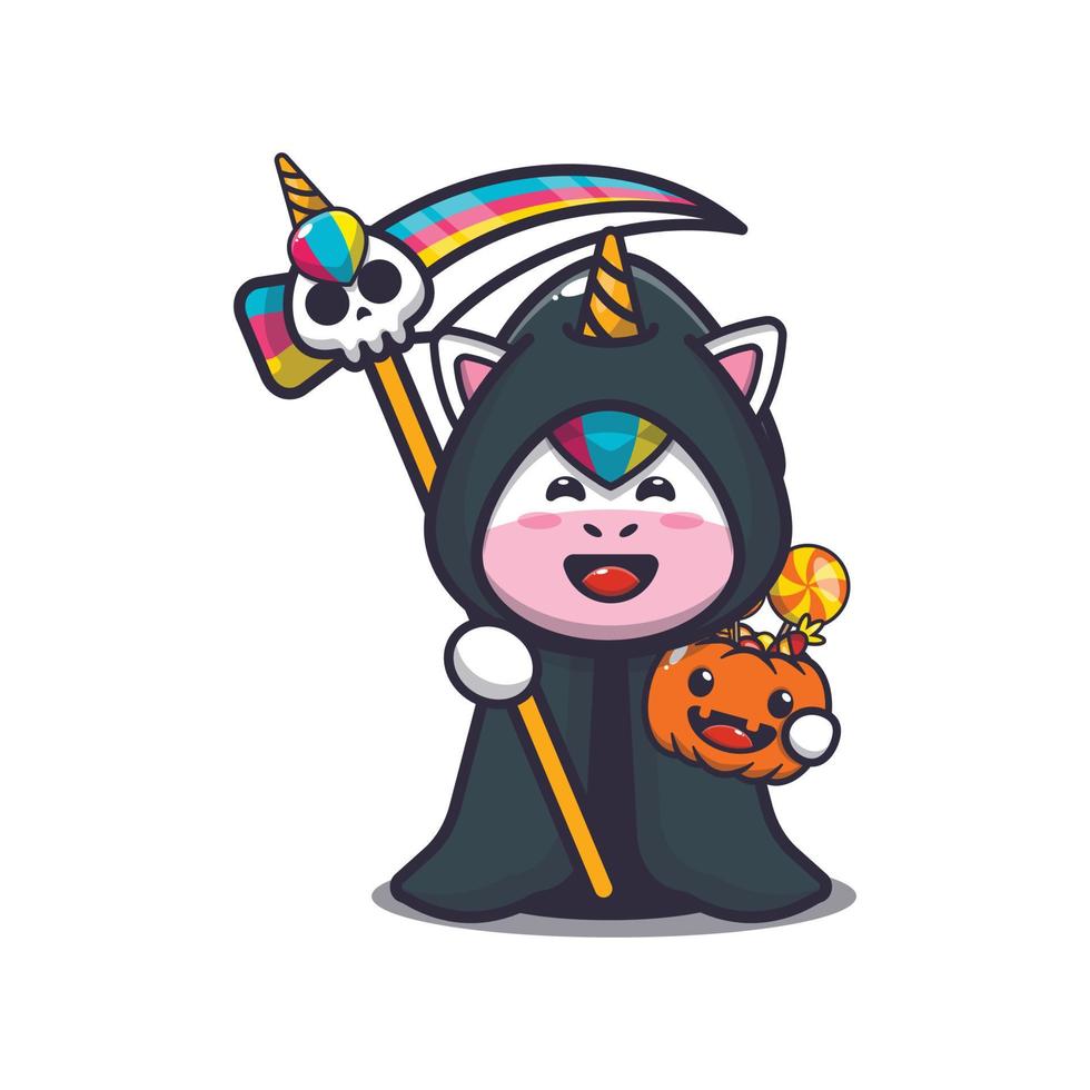 lindo unicornio con traje de parca sosteniendo guadaña y calabaza de halloween vector