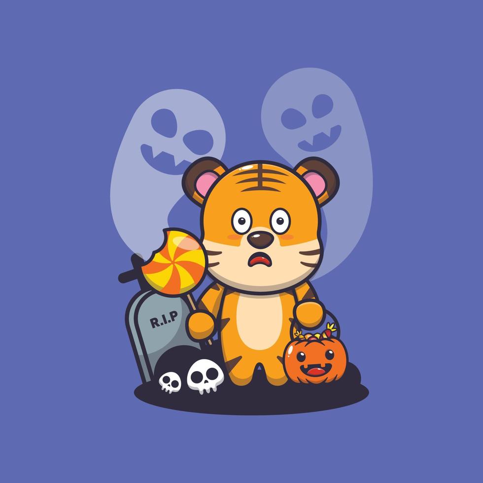 lindo personaje de dibujos animados de tigre asustado por un fantasma en el día de halloween vector