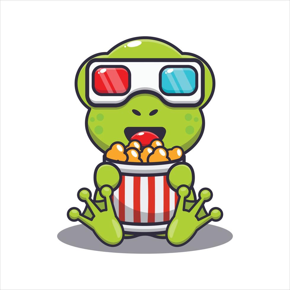 Cute frog eating popcorn and watch 3d movie vector