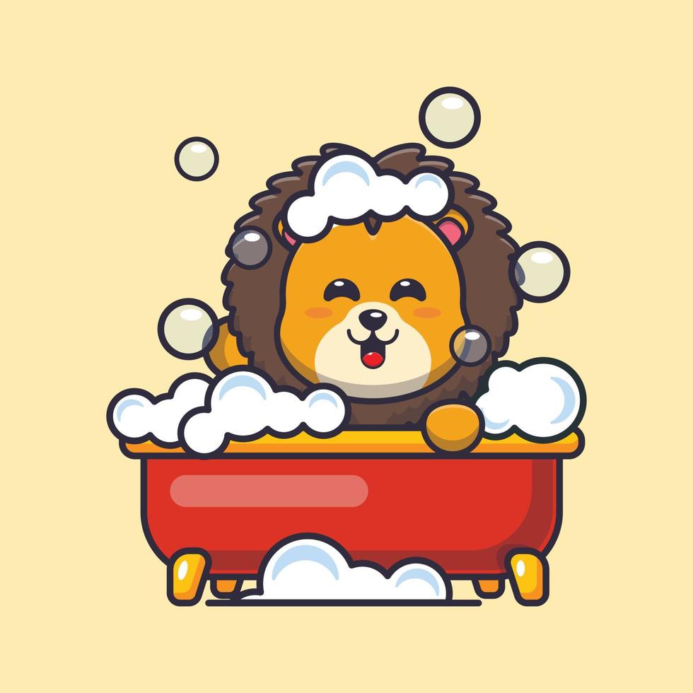 Cute lion taking bubble bath in bathtub cartoon vector illustration