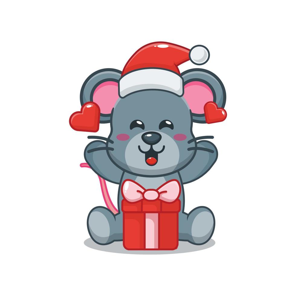lindo personaje de dibujos animados de ratón con regalo de navidad vector