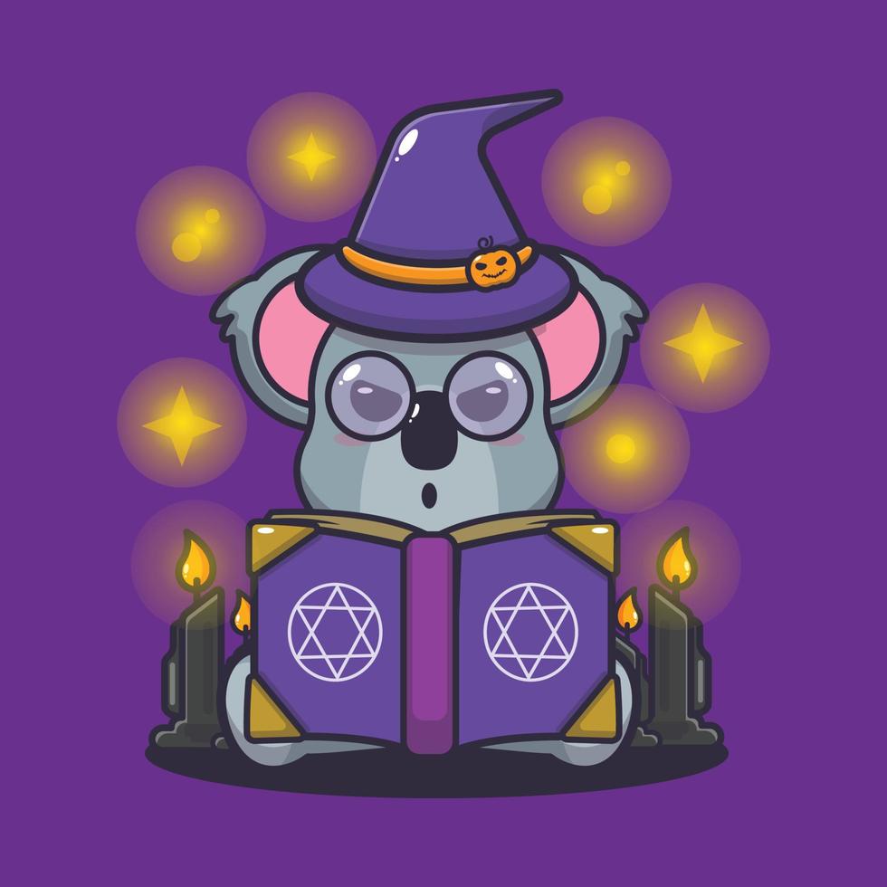 Cute koala cartoon character witch read a spell from spell book vector