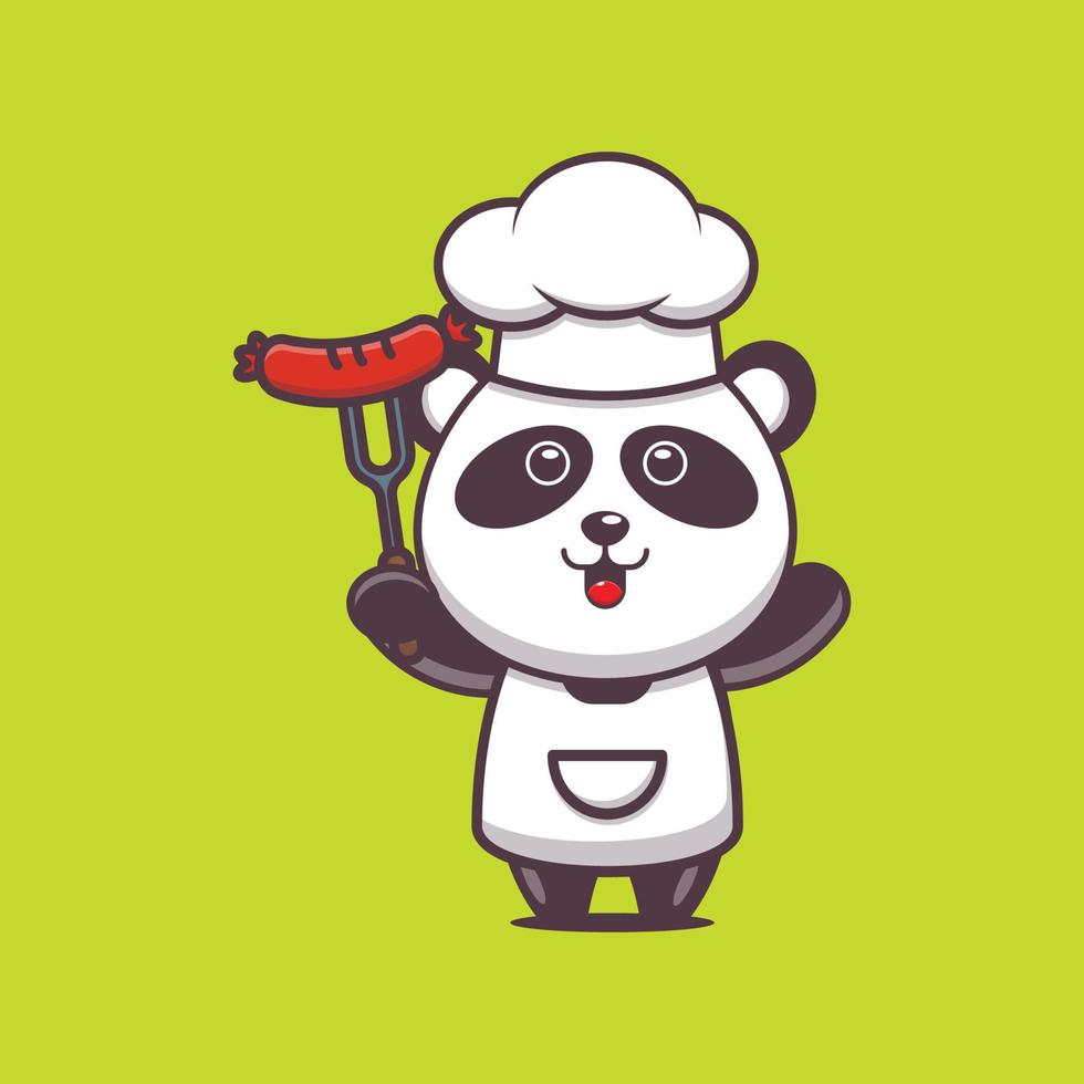 cute panda chef mascot cartoon character with sausage vector