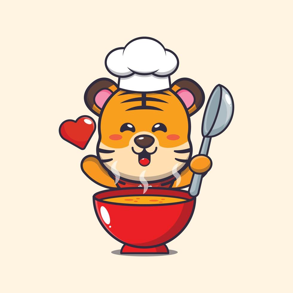 cute tiger chef mascot cartoon character with soup vector