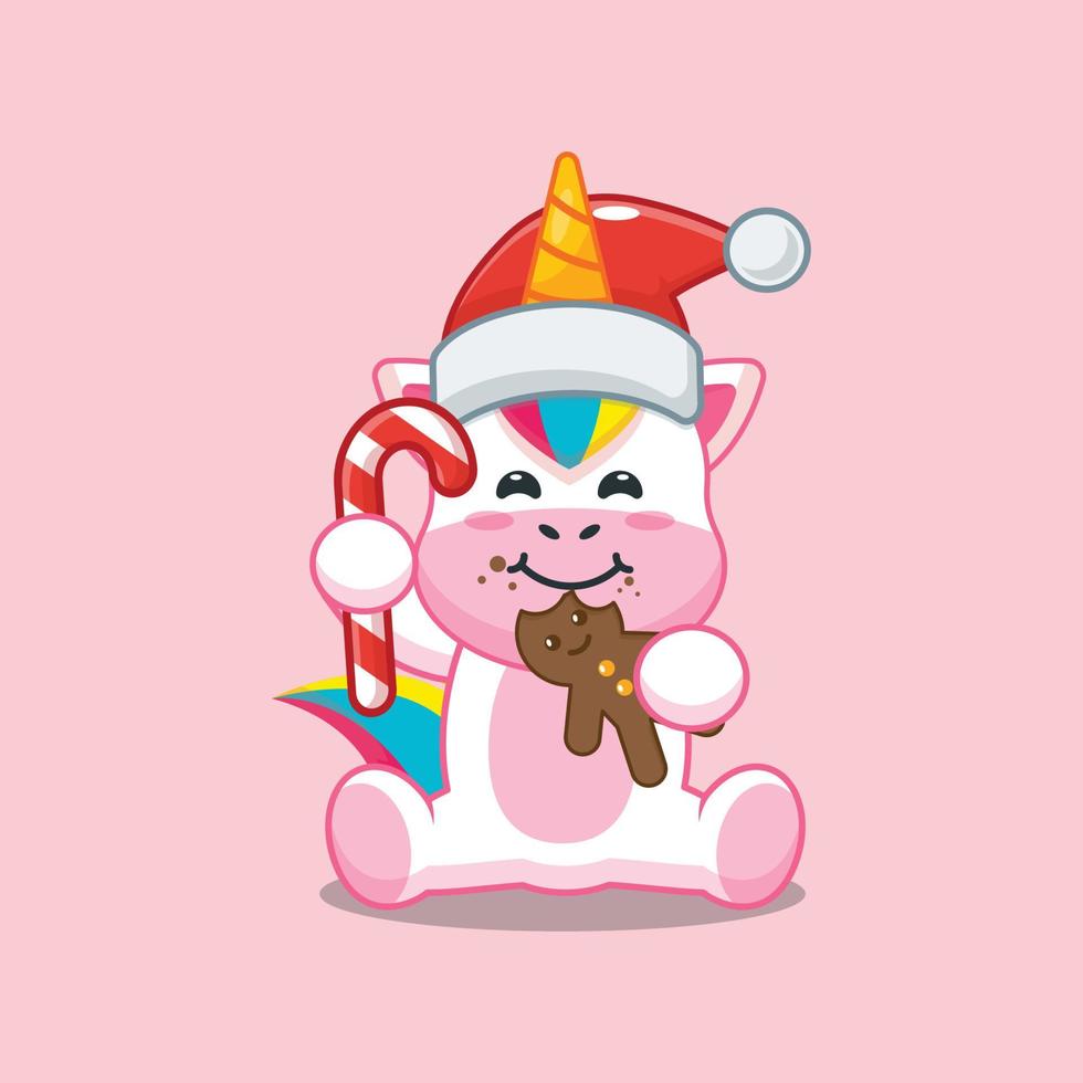 Cute unicorn eating christmas cookies and candy vector