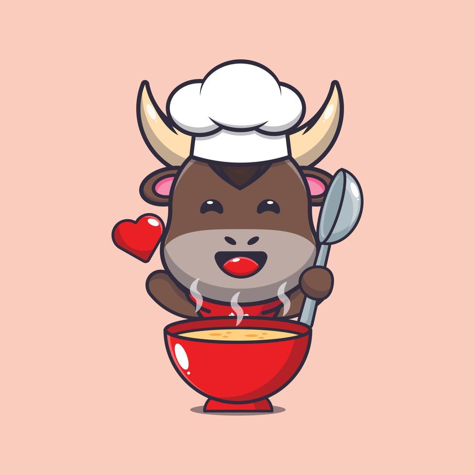 lindo personaje de dibujos animados de la mascota del chef toro con sopa vector