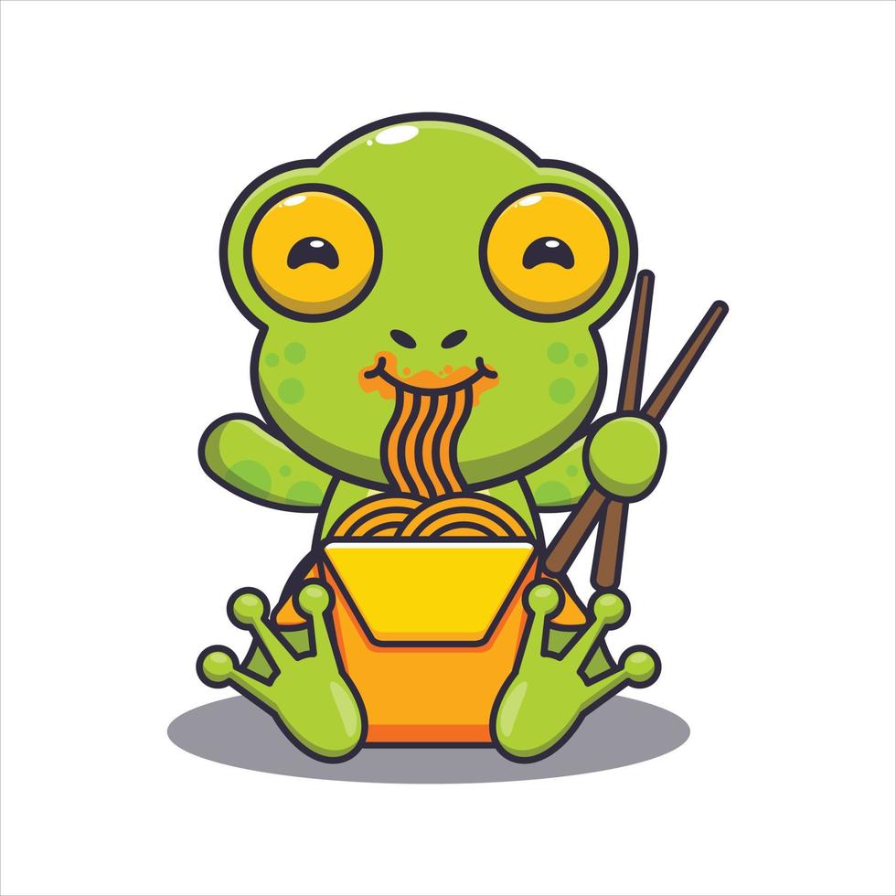 Cute frog eating noodle cartoon vector illustration