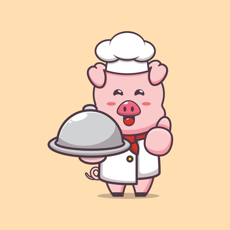 lindo personaje de dibujos animados de la mascota del chef de cerdo con plato vector