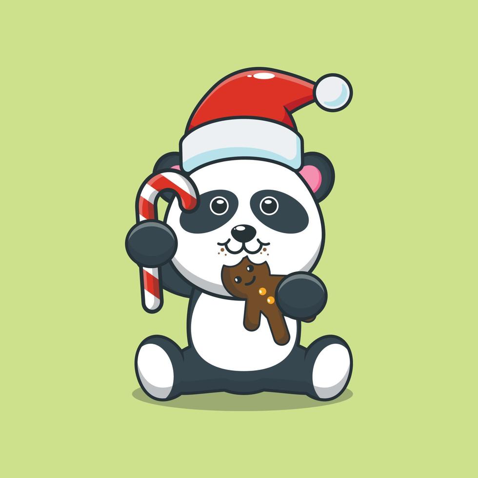 lindo panda comiendo galletas y dulces de navidad vector