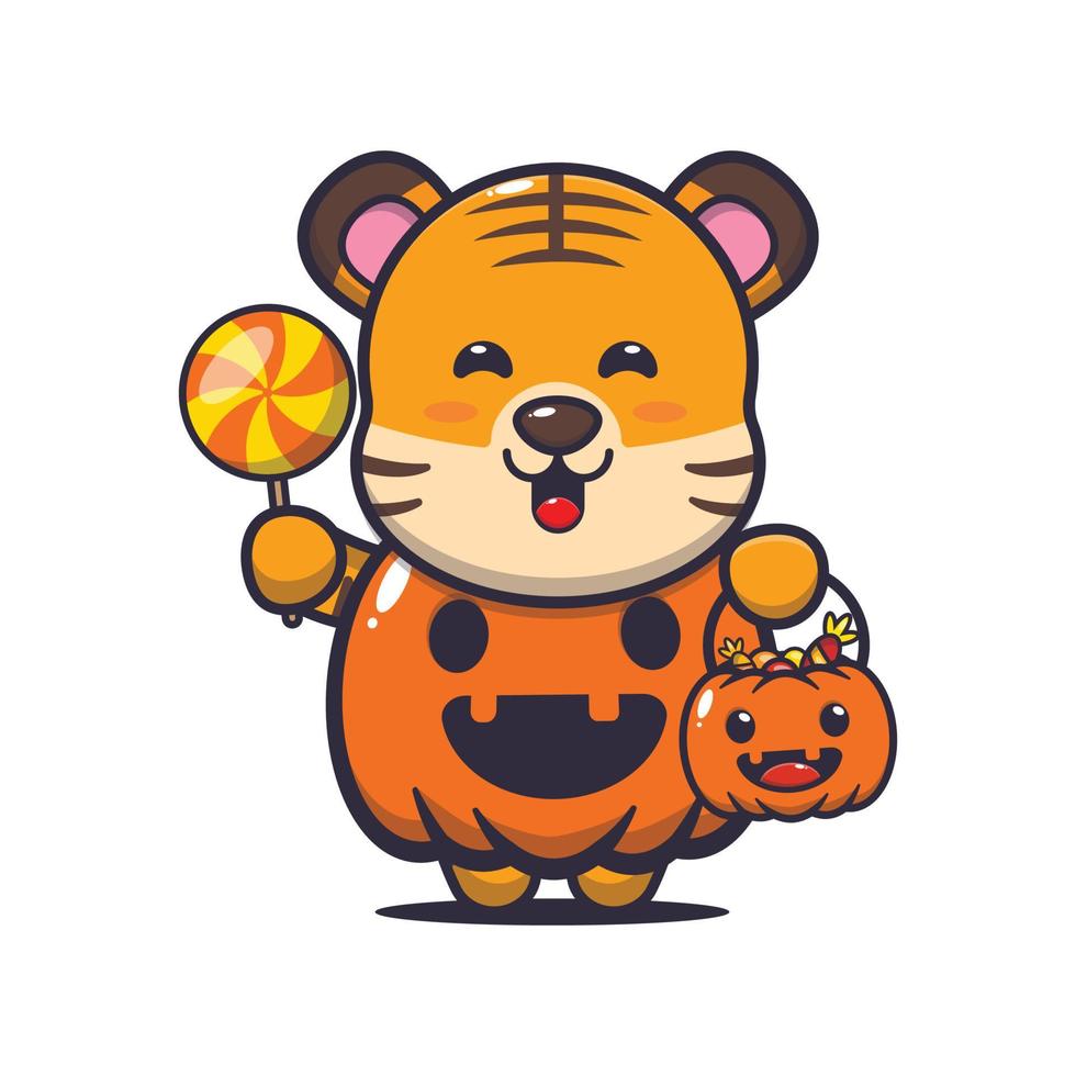 lindo personaje de dibujos animados de tigre con disfraz de calabaza de halloween vector