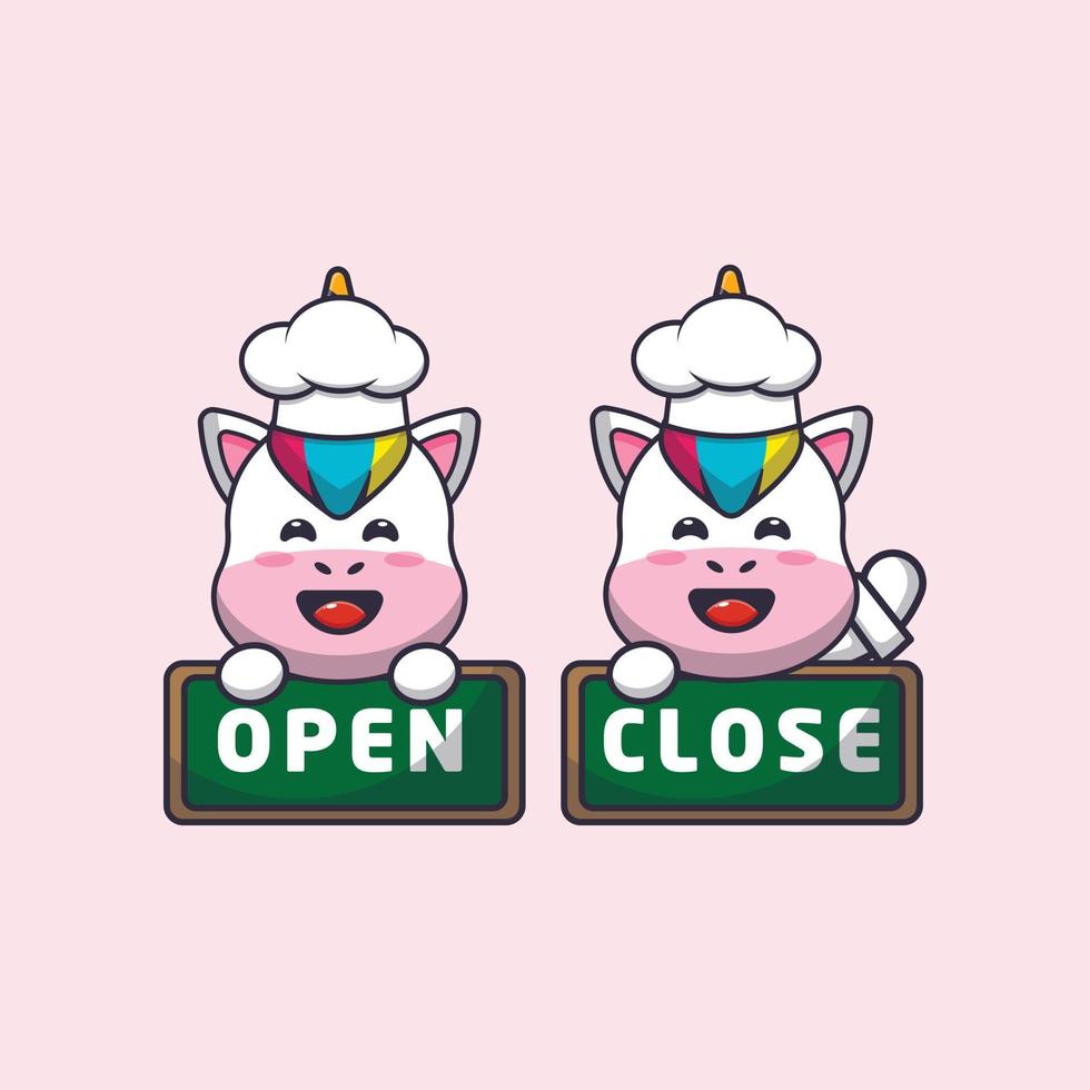 cute unicorn chef mascot cartoon character with open and close board vector