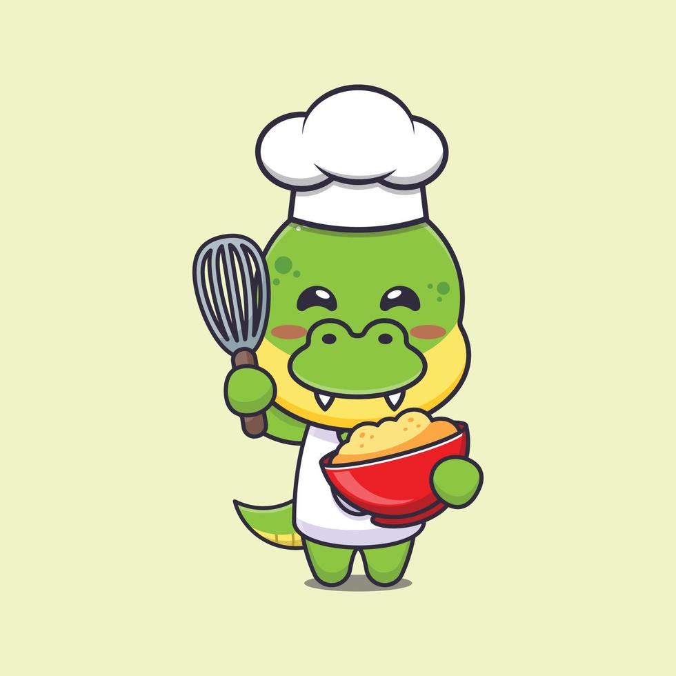 lindo personaje de dibujos animados de la mascota del chef dino con masa de pastel vector