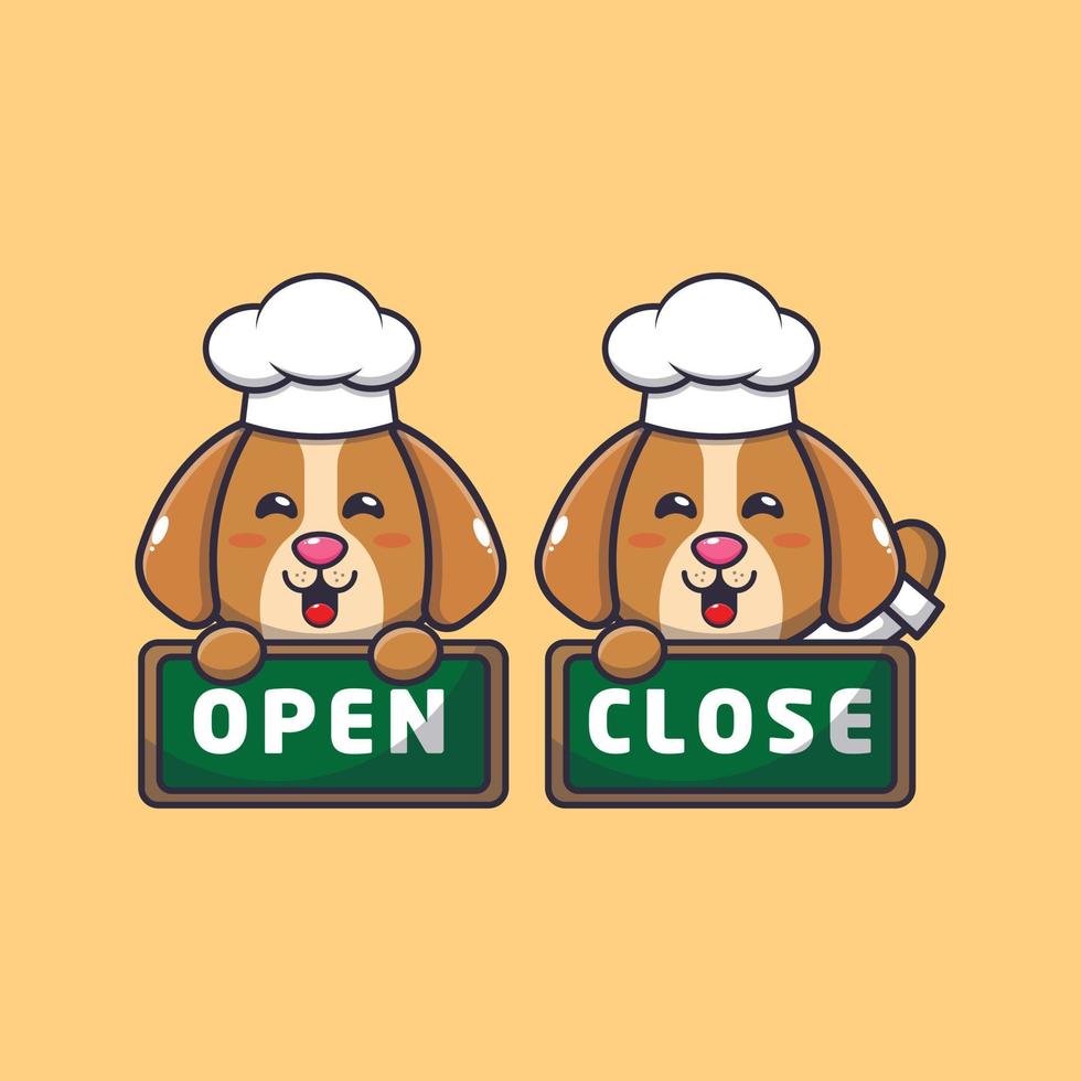 lindo perro chef mascota personaje de dibujos animados con tablero abierto y cerrado vector