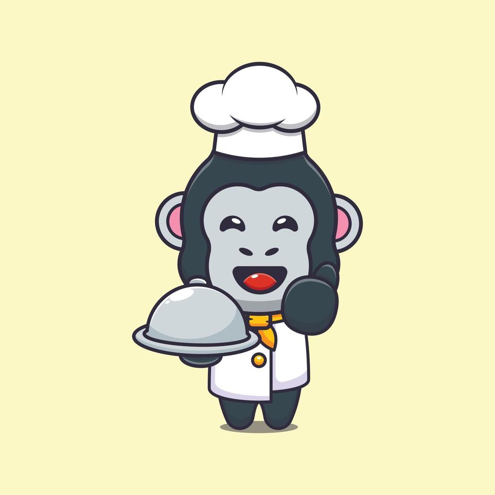 cute gorilla chef mascot cartoon character with dish vector