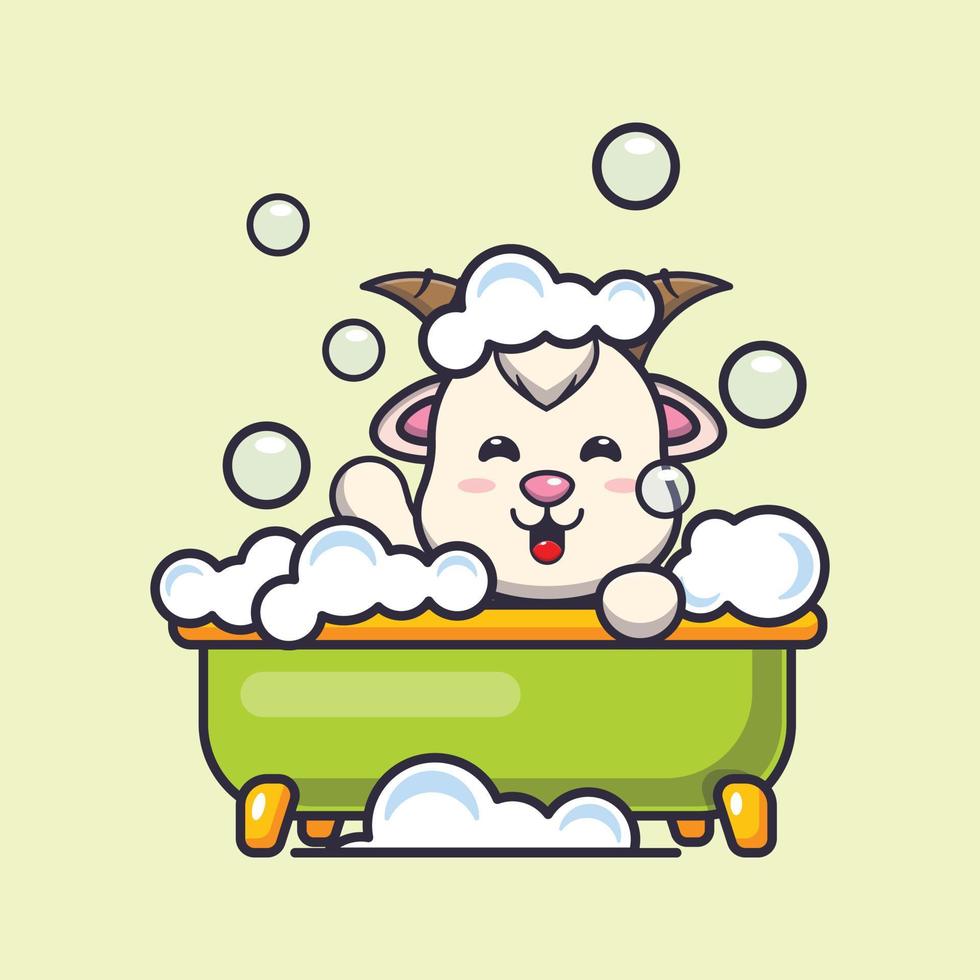 Cute goat taking bubble bath in bathtub cartoon vector illustration