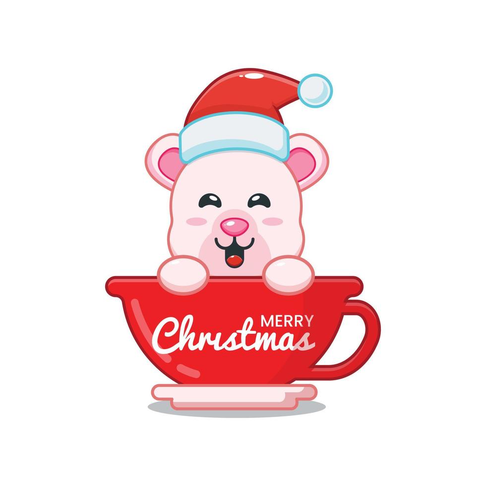 Cute polar bear cartoon character wearing santa hat in cup vector