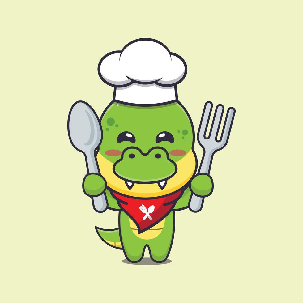 lindo personaje de dibujos animados de la mascota del chef dino con cuchara y tenedor vector