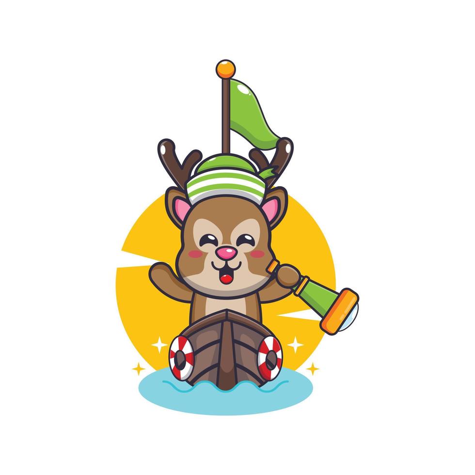 cute deer mascot cartoon character on the boat vector