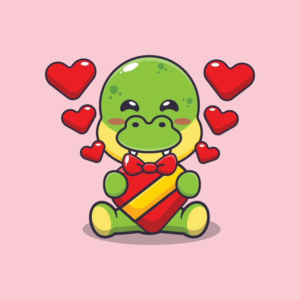 lindo personaje de dibujos animados feliz dino en el día de san valentín vector