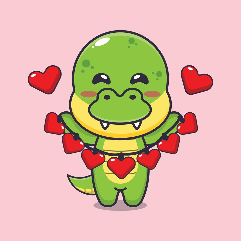 lindo personaje de dibujos animados de dino con decoración de amor vector