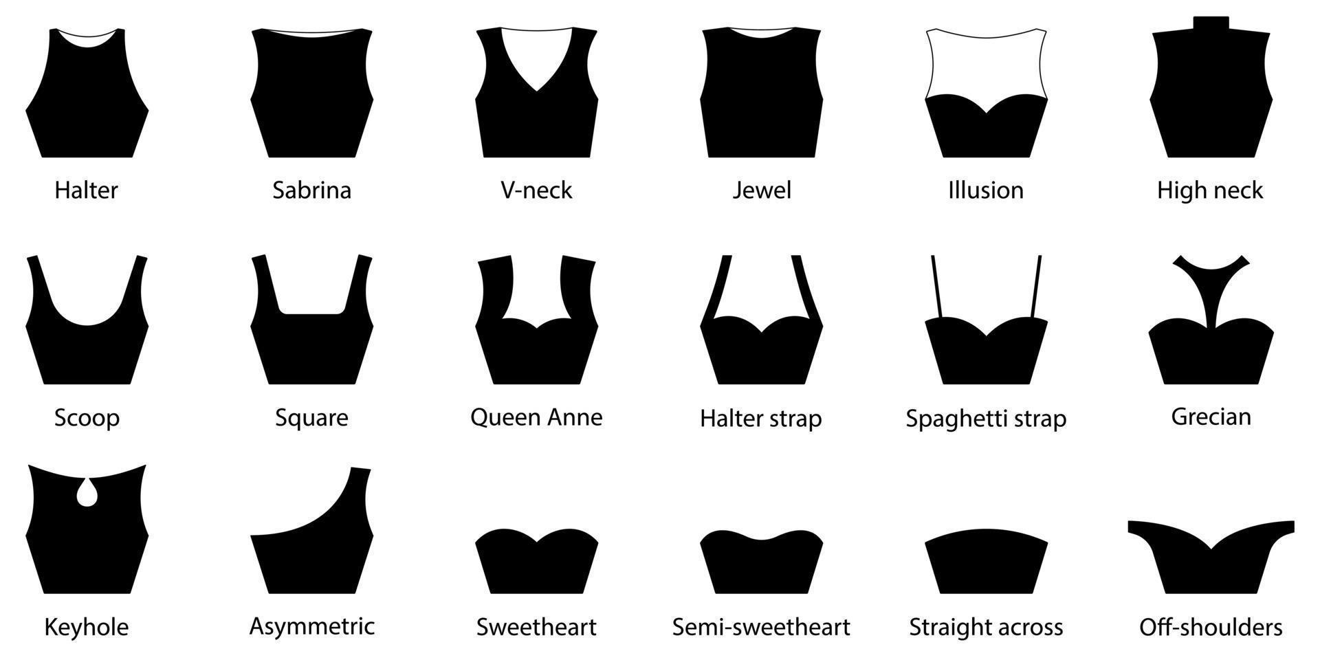 Neckline Type of Women Dress. Strapless Decolletage, Halter, Sweetheart, Queen Anne, V-Neck, Off Shoulder. Neck Line Fashion Blouse, Shirt Silhouette Pictogram Set. Isolated Vector Illustration.