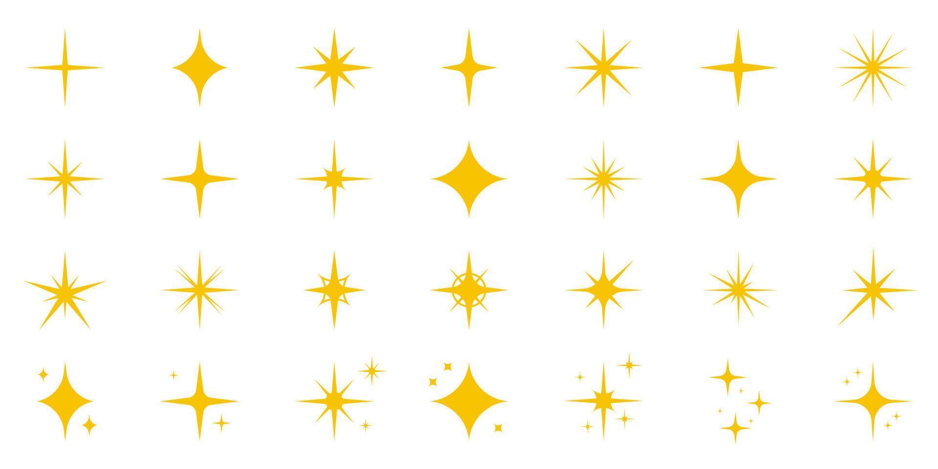 Set of Golden Sparkle Stars. Shiny Twinkle Flash Icons. Glitter Effect Symbol. Gold Sparkle Glow Firework. Magic Shine Bright Icon. Isolated Vector Illustration.