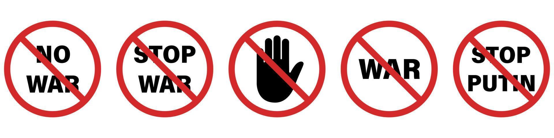 Red Sign Stop War. Red Ban No War Symbol. Stop Ukrainian, Russian Army Fight. Ban Ukraine, Russia Military Battle. Hand Stop War Icon. Stop Putin Sign. No Conflict Attention Sign. Vector Illustration.