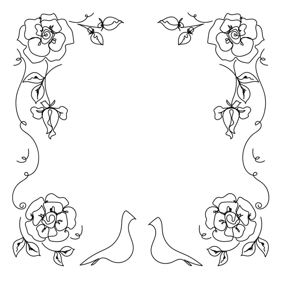 Rose continuous line wreath, outline sketch style vector abstract art.