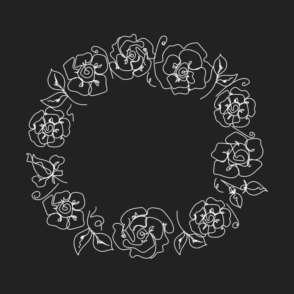 Rose continuous line wreath, outline sketch style vector abstract art.