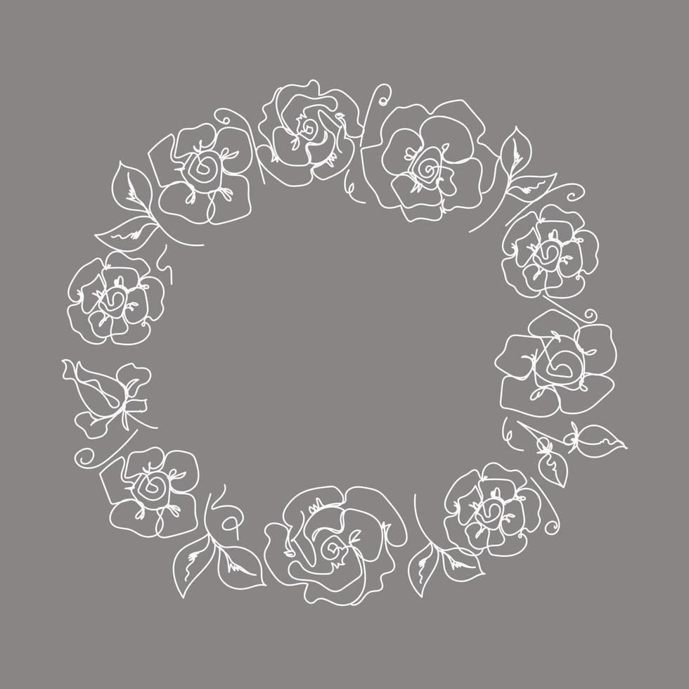Rose continuous line wreath wedding, outline sketch style vector abstract art.