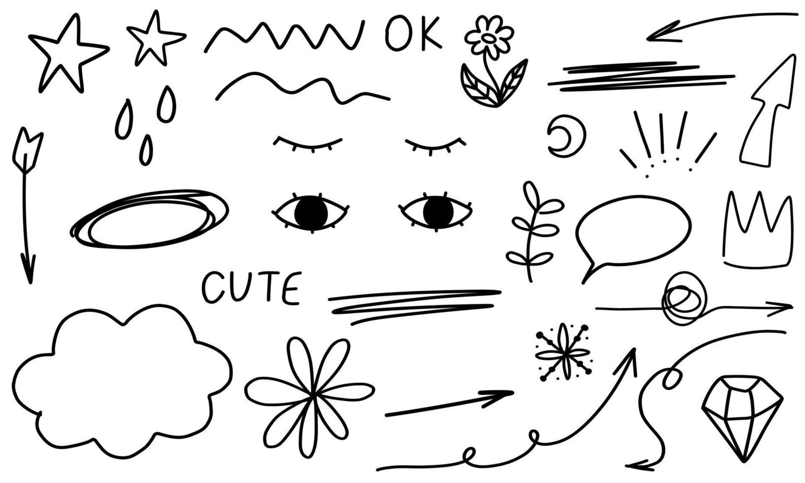 Doodle line arrows, text, flowers, stars, diamond, eyes, text, flowers, crown. Sketch set cute isolated line collection for office. vector