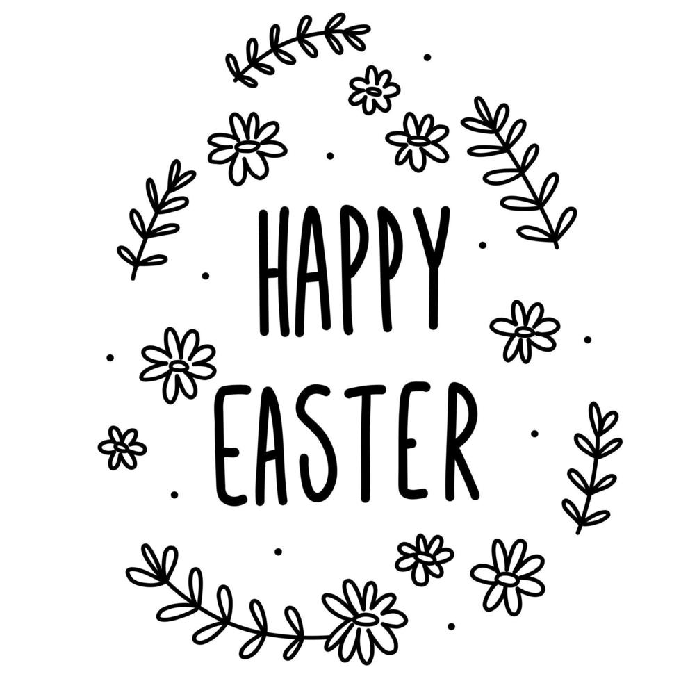 Doodle happy easter vector lettering in egg isolated. Hand drawn black and white branches and flowers cute calligraphy.