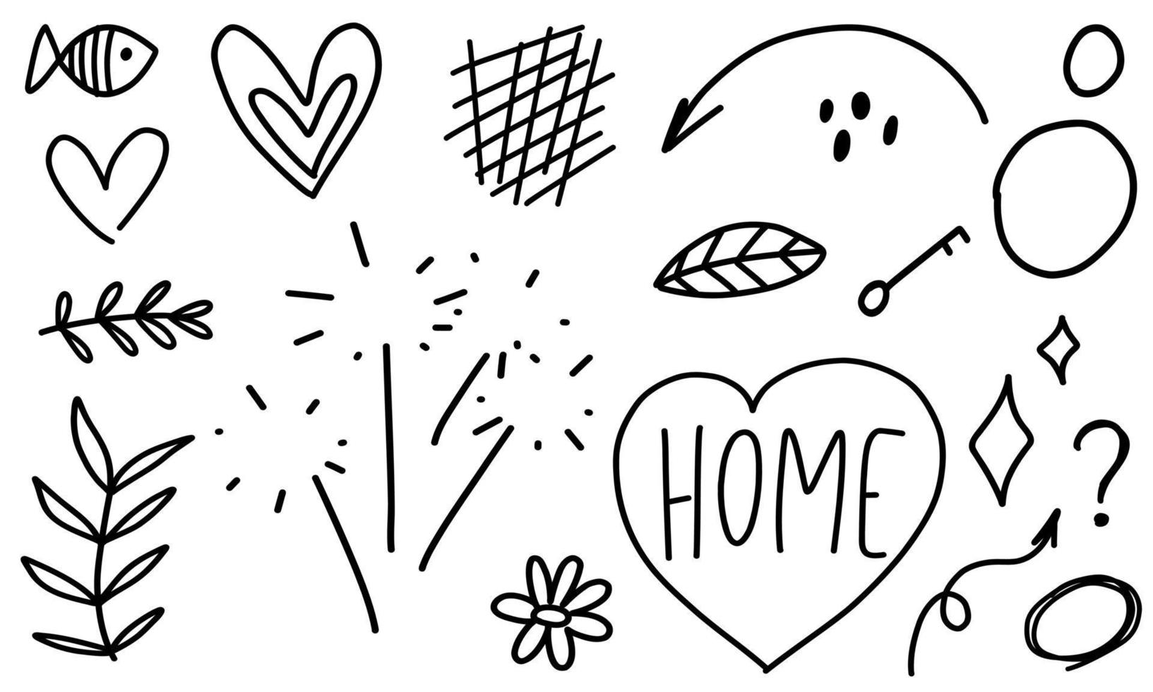 Doodle arrows, flowers, stars, hearts, branch, question, text. Sketch set cute isolated line collection for home. vector
