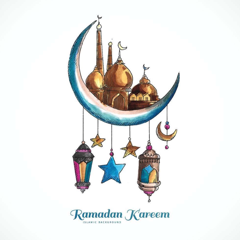Ramadan kareem islamic moon and mosque colorful card background vector