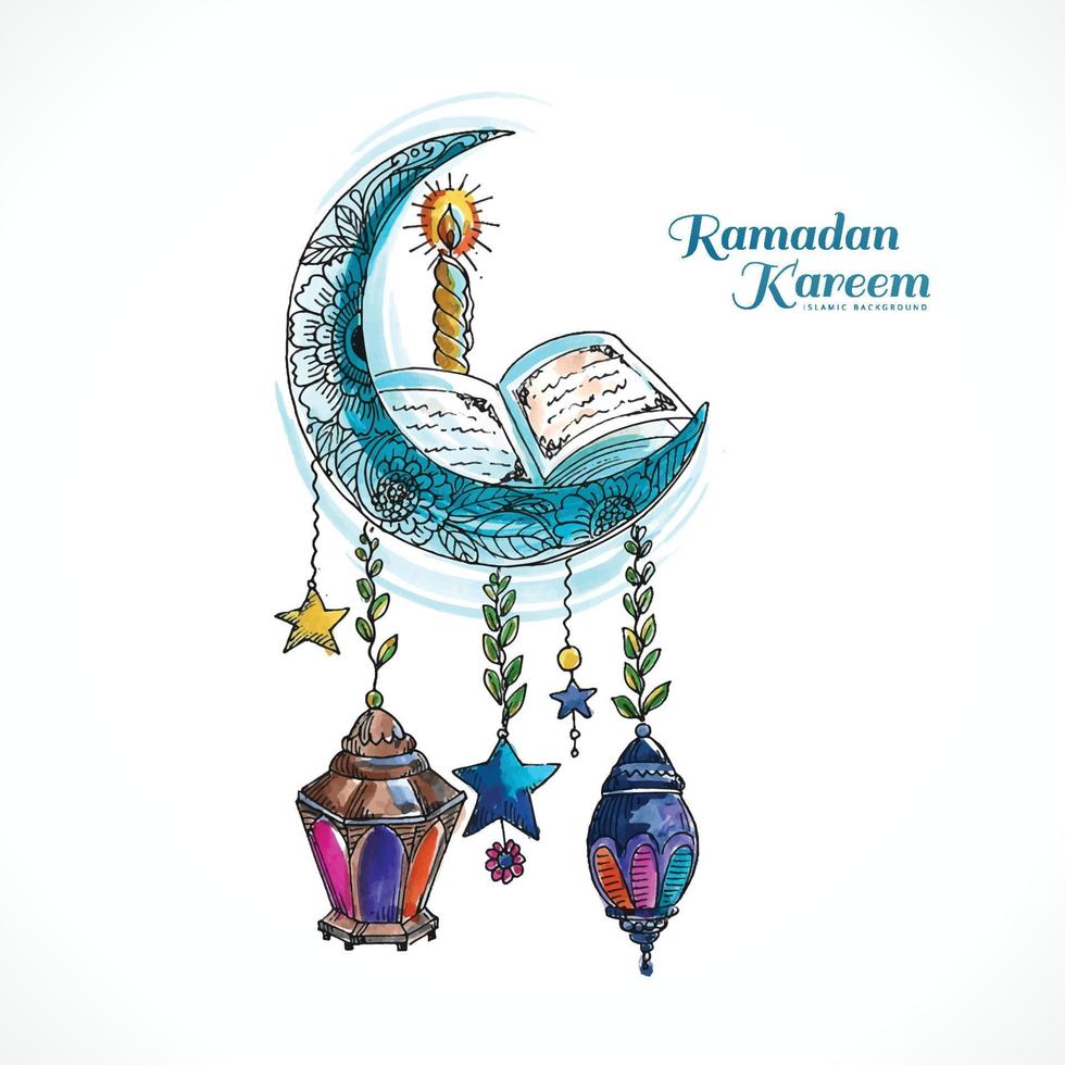 Ramadan kareem islamic moon and mosque colorful card background vector