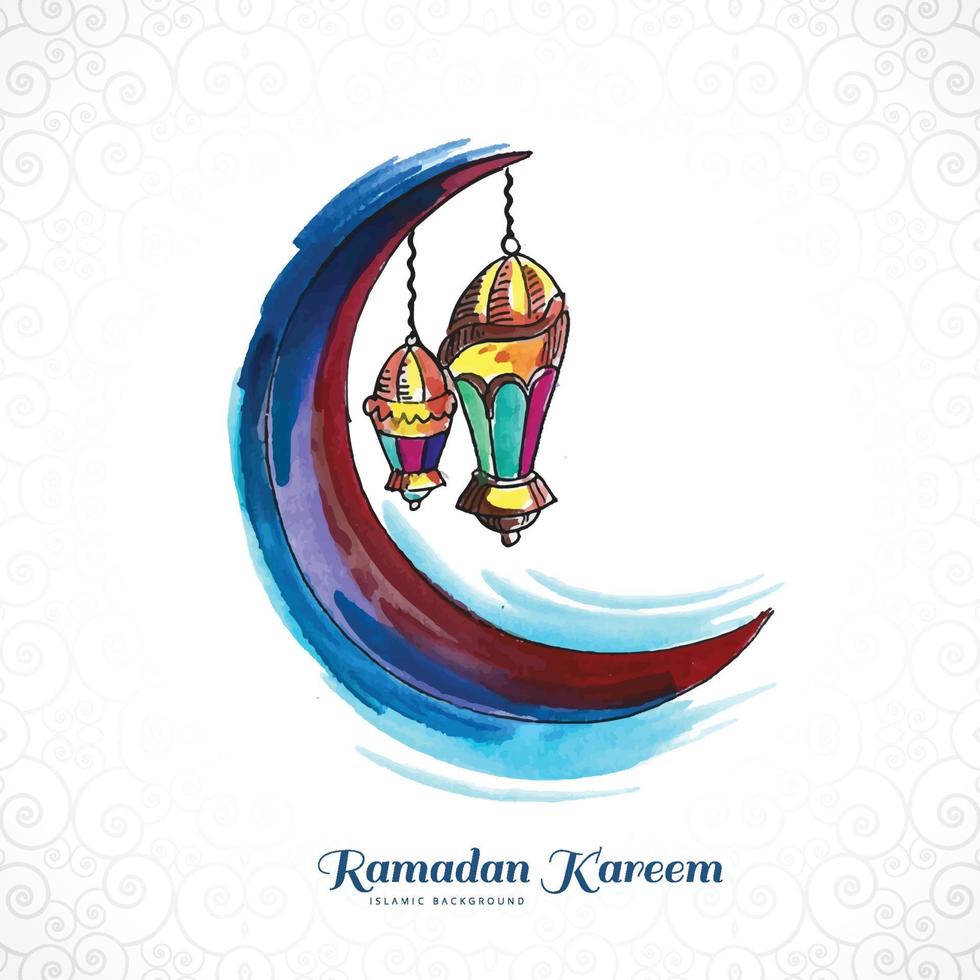 Beautiful hand draw watercolor moon ramadan kareem card background vector