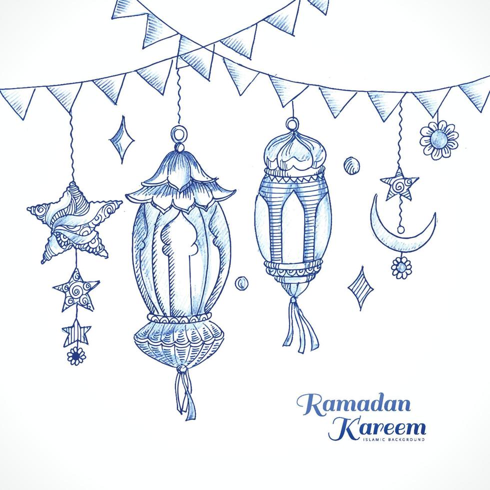 Ramadan kareem design with decorative lantern and islamic sketch card background vector