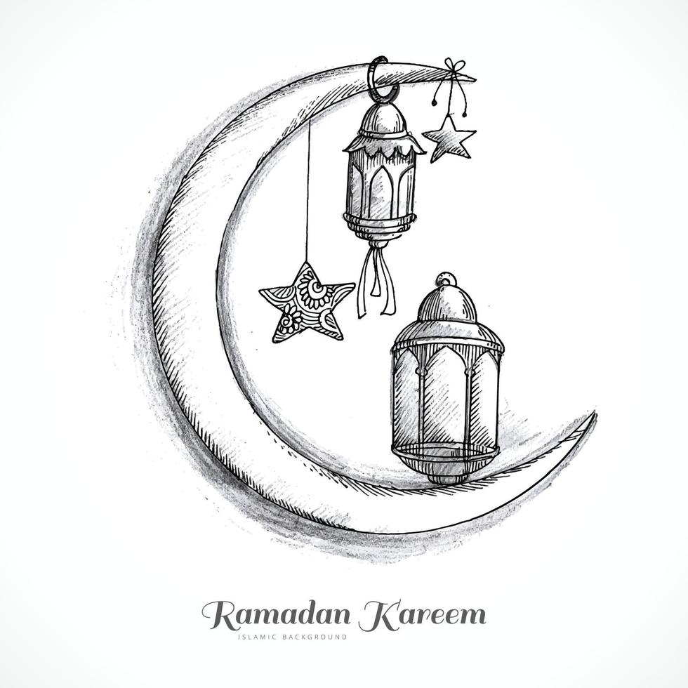 Hand draw ramadan kareem islamic lamp and moon sketch card design vector