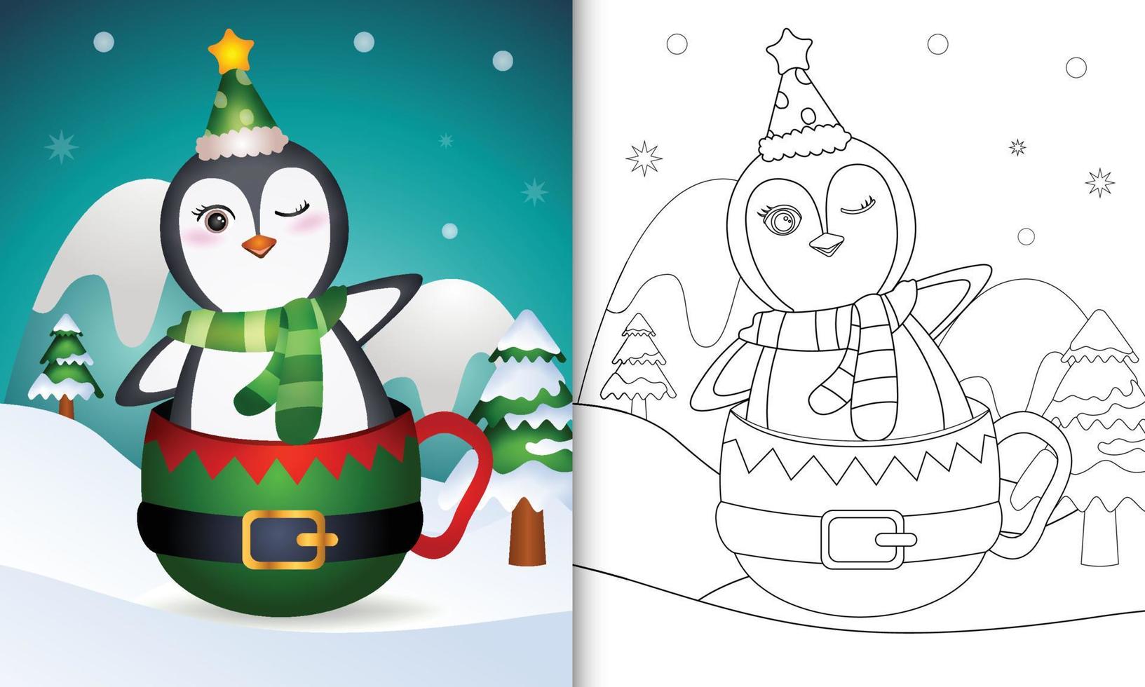coloring book with a cute penguin christmas characters with a hat and scarf in the elf cup vector