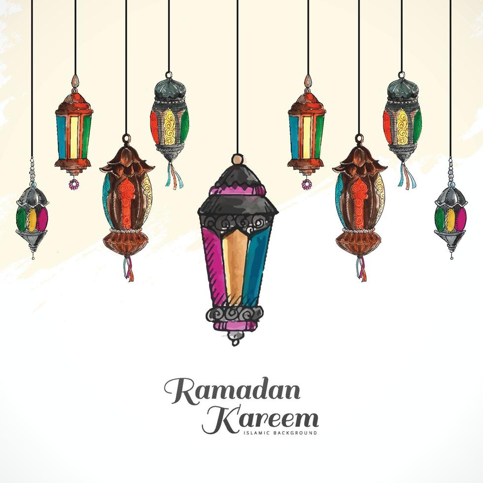 hermoso saludo decorativo islámico del festival ramadan kareem con diseño de tarjeta de lámpara vector