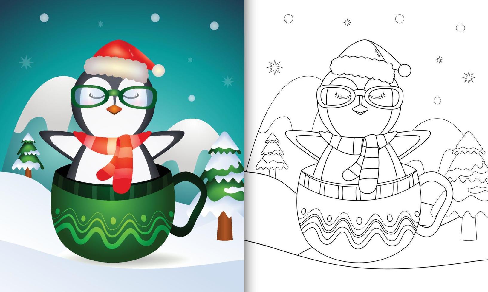 libro para colorear con un lindo pingüino personajes navideños con un gorro de Papá Noel y bufanda en la taza vector