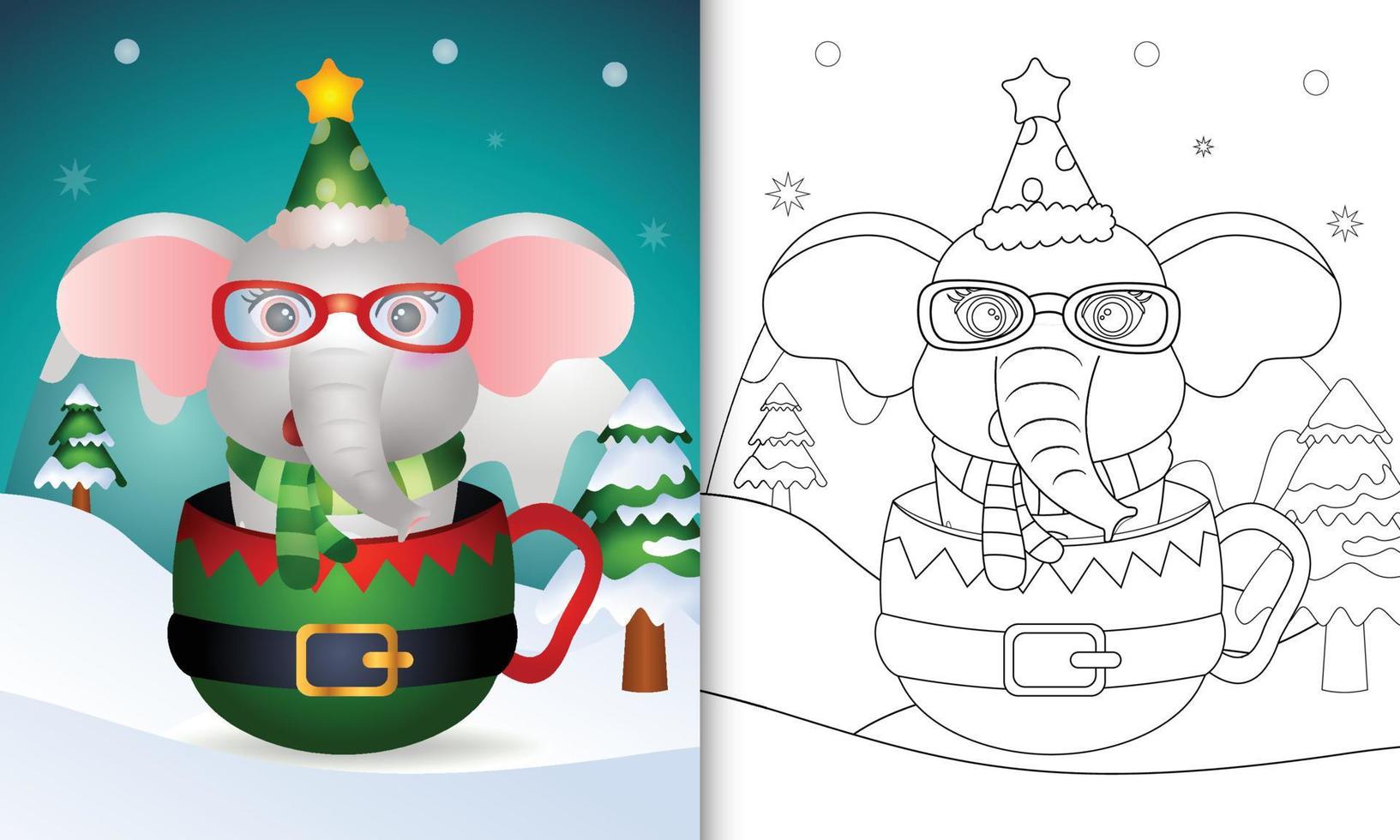 libro para colorear con un simpático elefante personajes navideños con gorro y bufanda en la copa de elfo vector