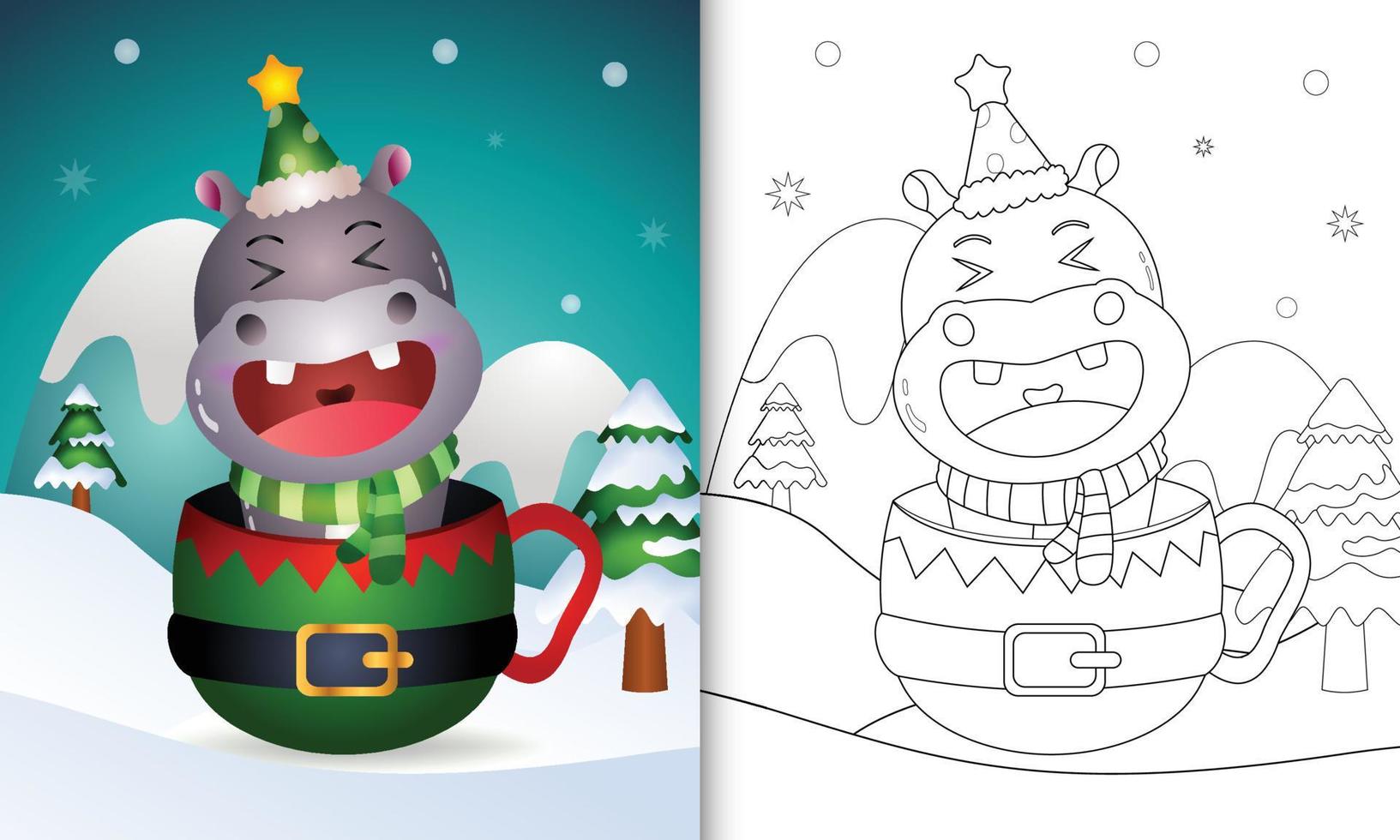 coloring book with a cute hippo christmas characters with a hat and scarf in the elf cup vector