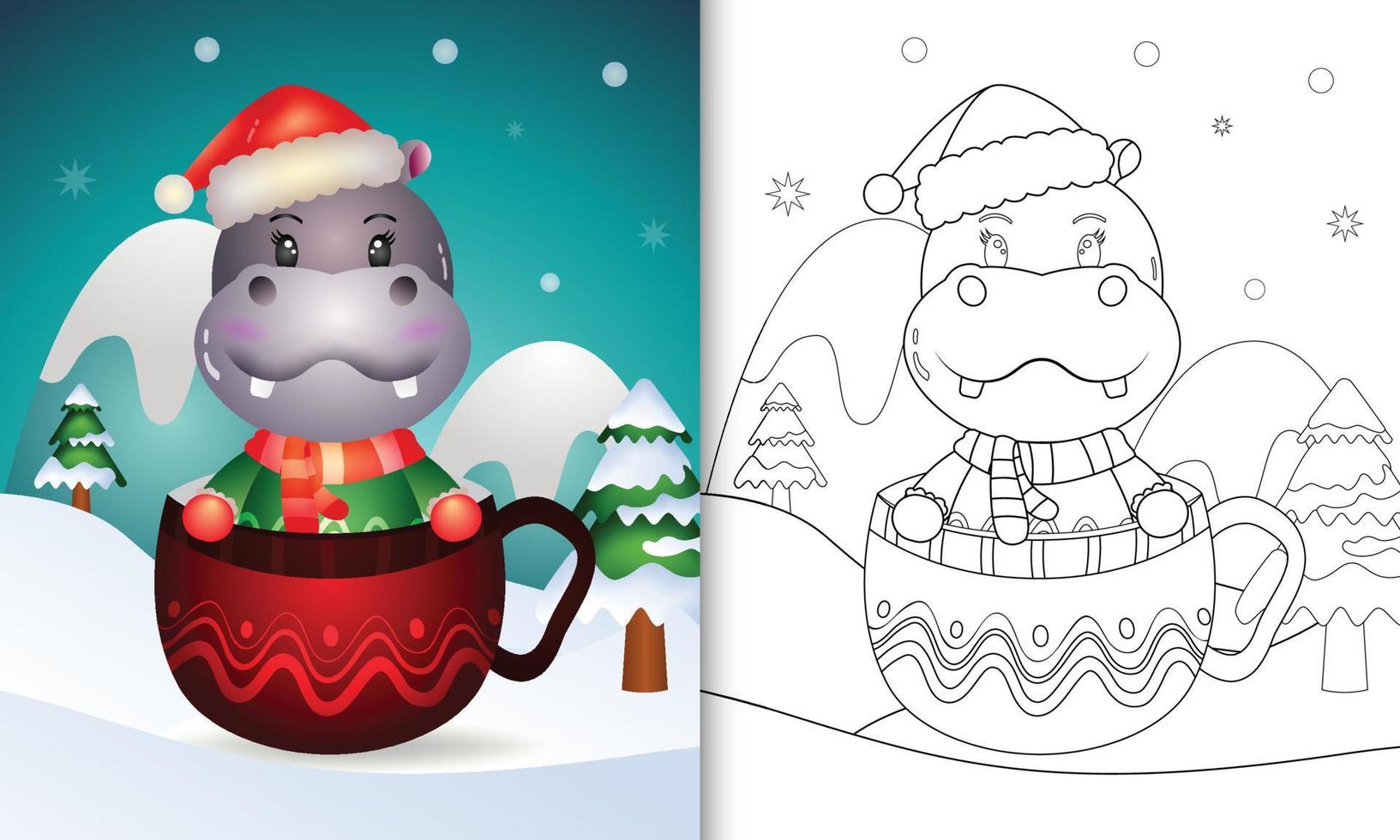 libro para colorear con un lindo hipopótamo personajes navideños con gorro de Papá Noel y bufanda en la taza vector