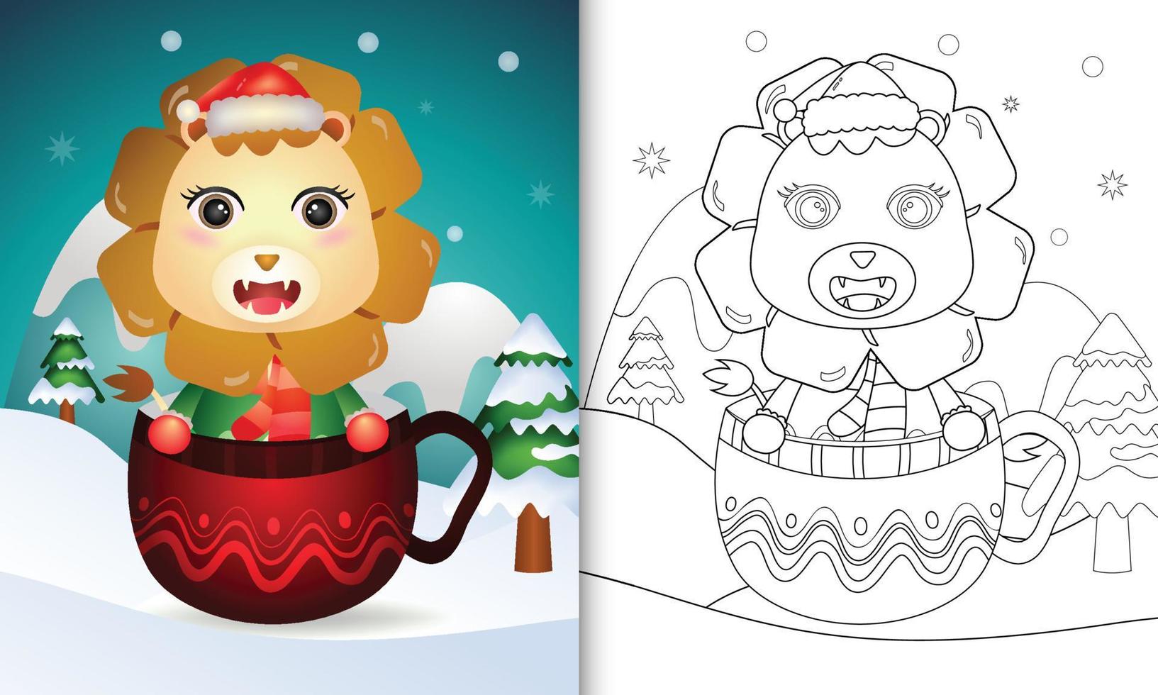 coloring book with a cute lion christmas characters with a santa hat and scarf in the cup vector