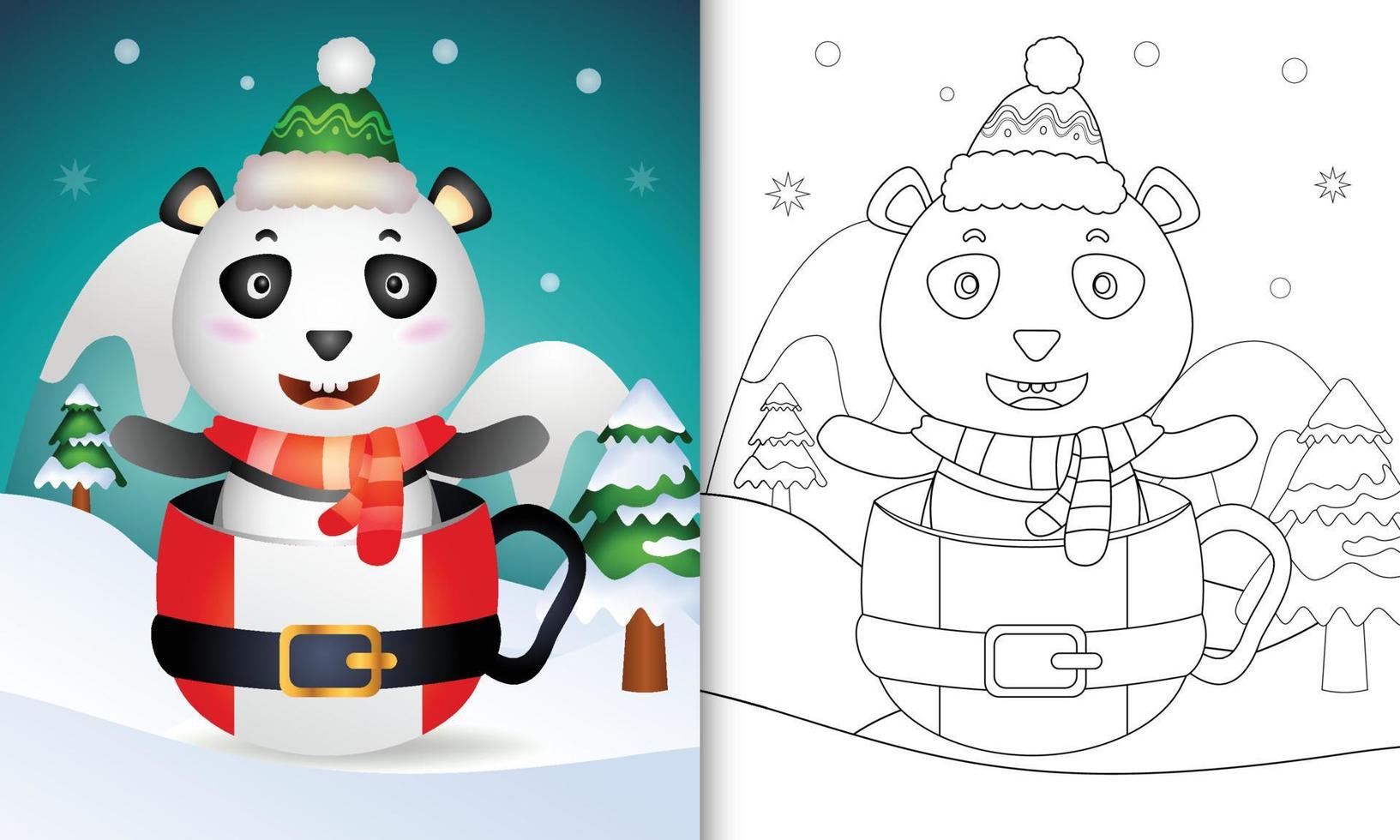 libro para colorear con un lindo panda personajes navideños con sombrero y bufanda en la copa de santa vector