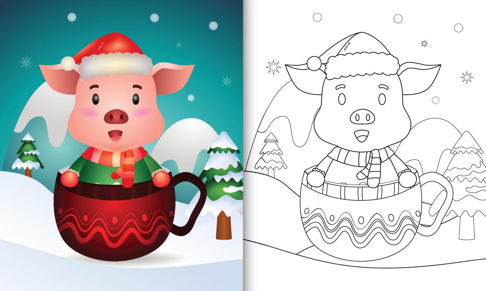 libro para colorear con un lindo cerdo personajes navideños con gorro de Papá Noel y bufanda en la taza vector