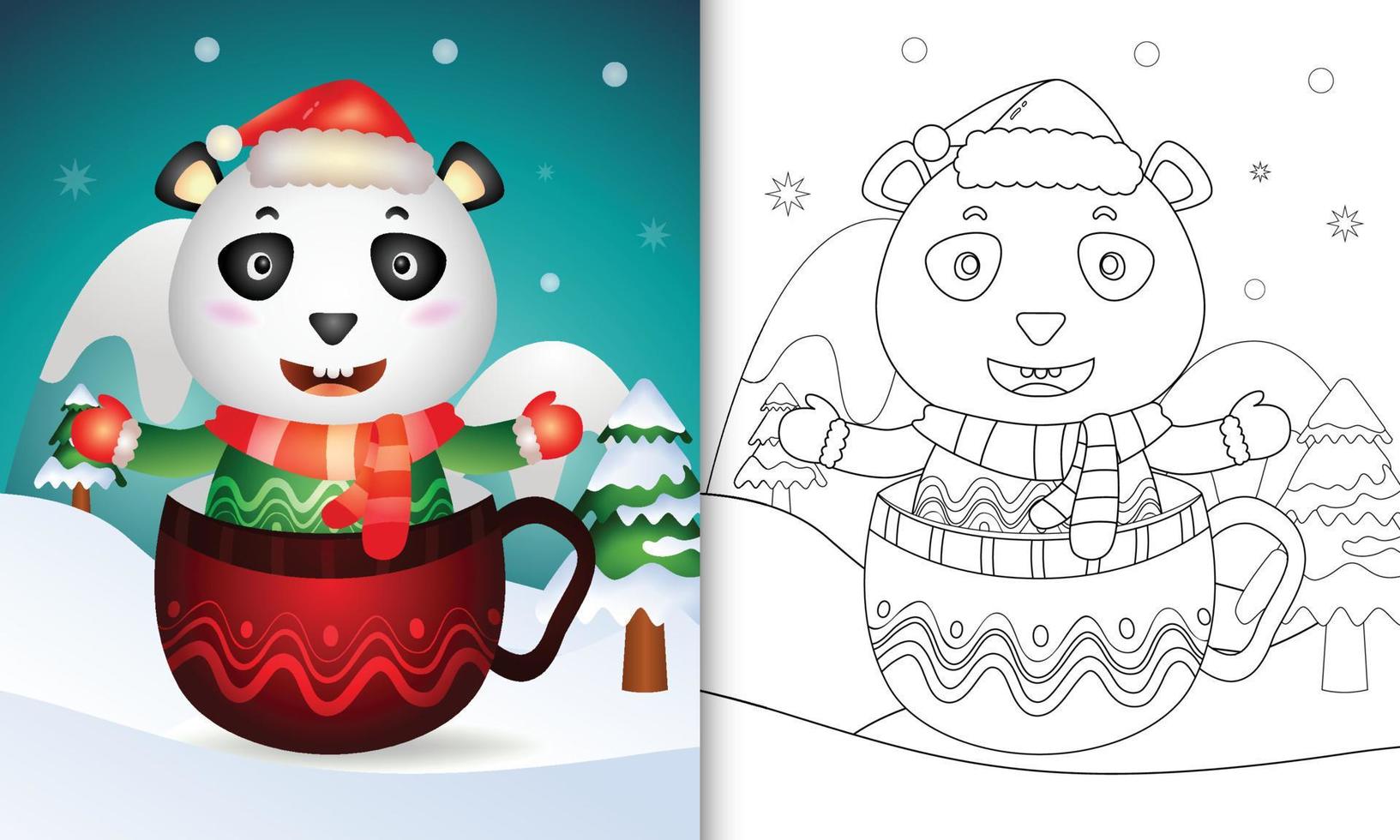 coloring book with a cute panda christmas characters with a santa hat and scarf in the cup vector