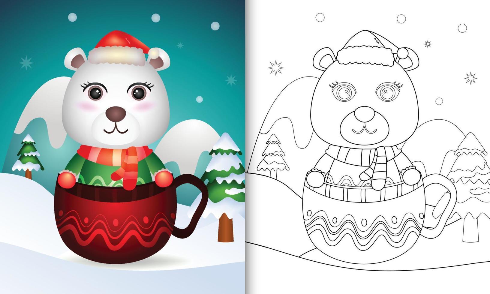 coloring book with a cute polar bear christmas characters with a santa hat and scarf in the cup vector