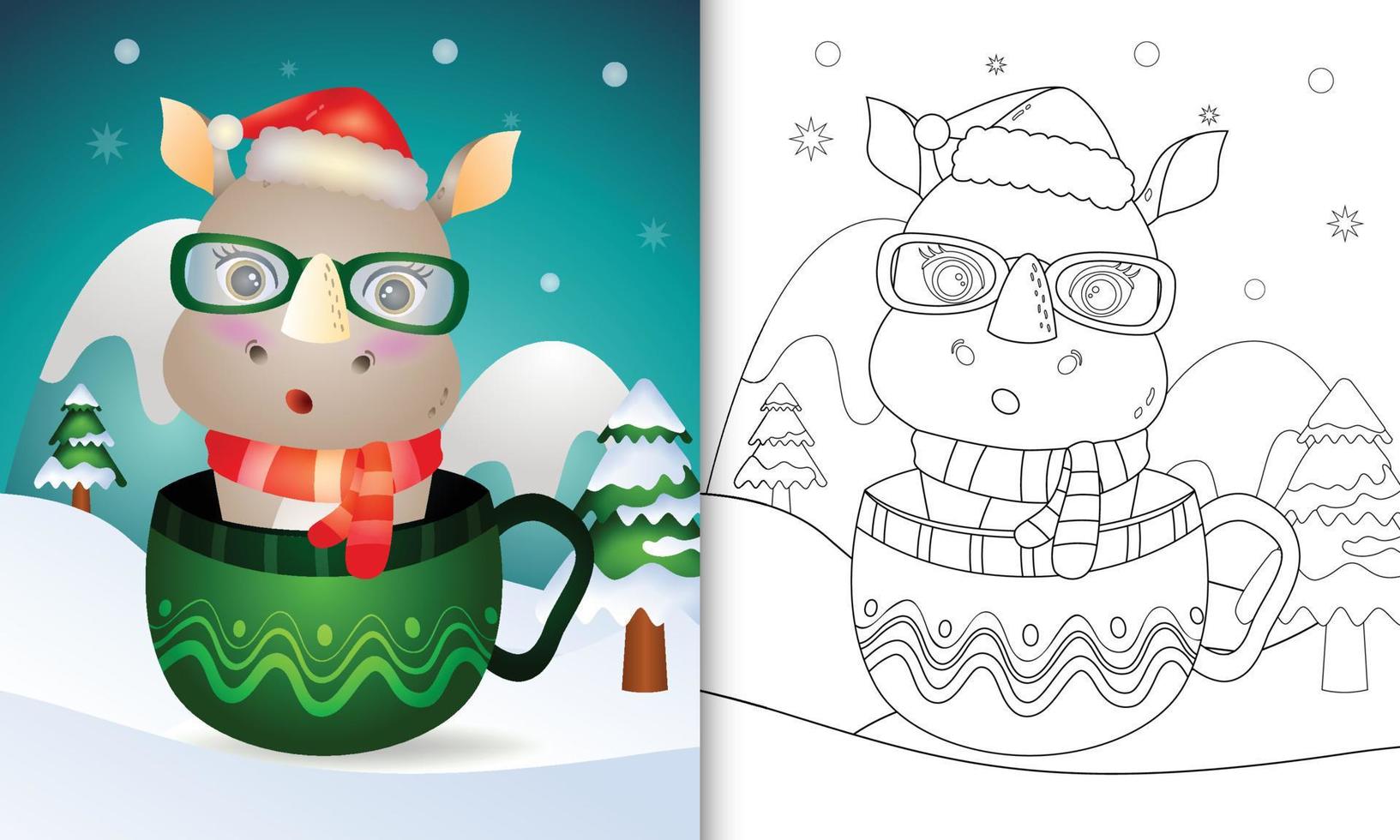 coloring book with a cute rhino christmas characters with a santa hat and scarf in the cup vector